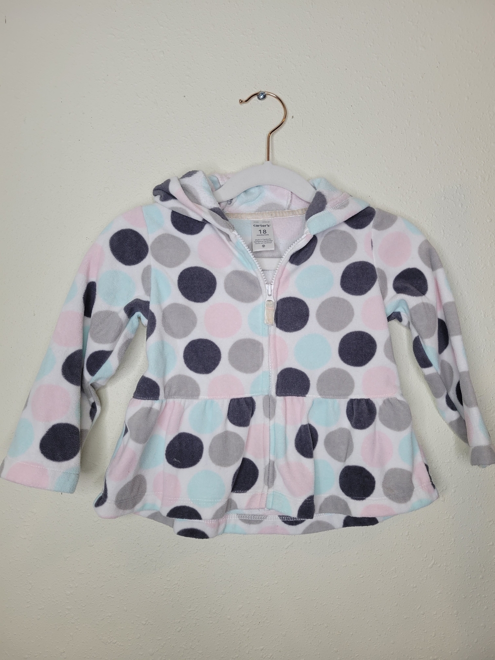 Carter's Polka Dot Hooded Zip Jacket - White, Pink, Light Blue & Gray